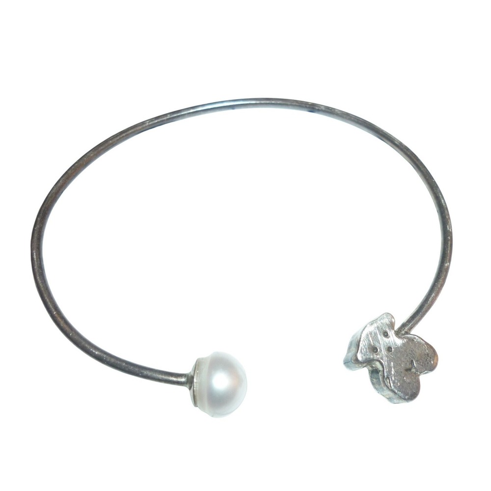 TOUS Sterling Silver 925 Bear and Pearl Open Cuff Bangle Bracelet Silver White